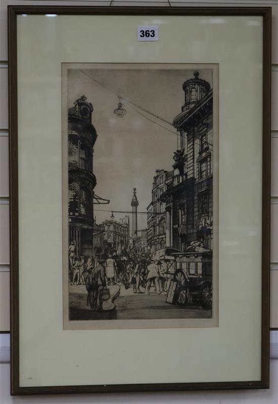 Attributed to Henry Rushbury, etching, London street scene, 37 x 22cm.